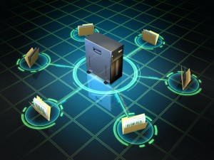File folders connected to a desktop server. Digital illustration.